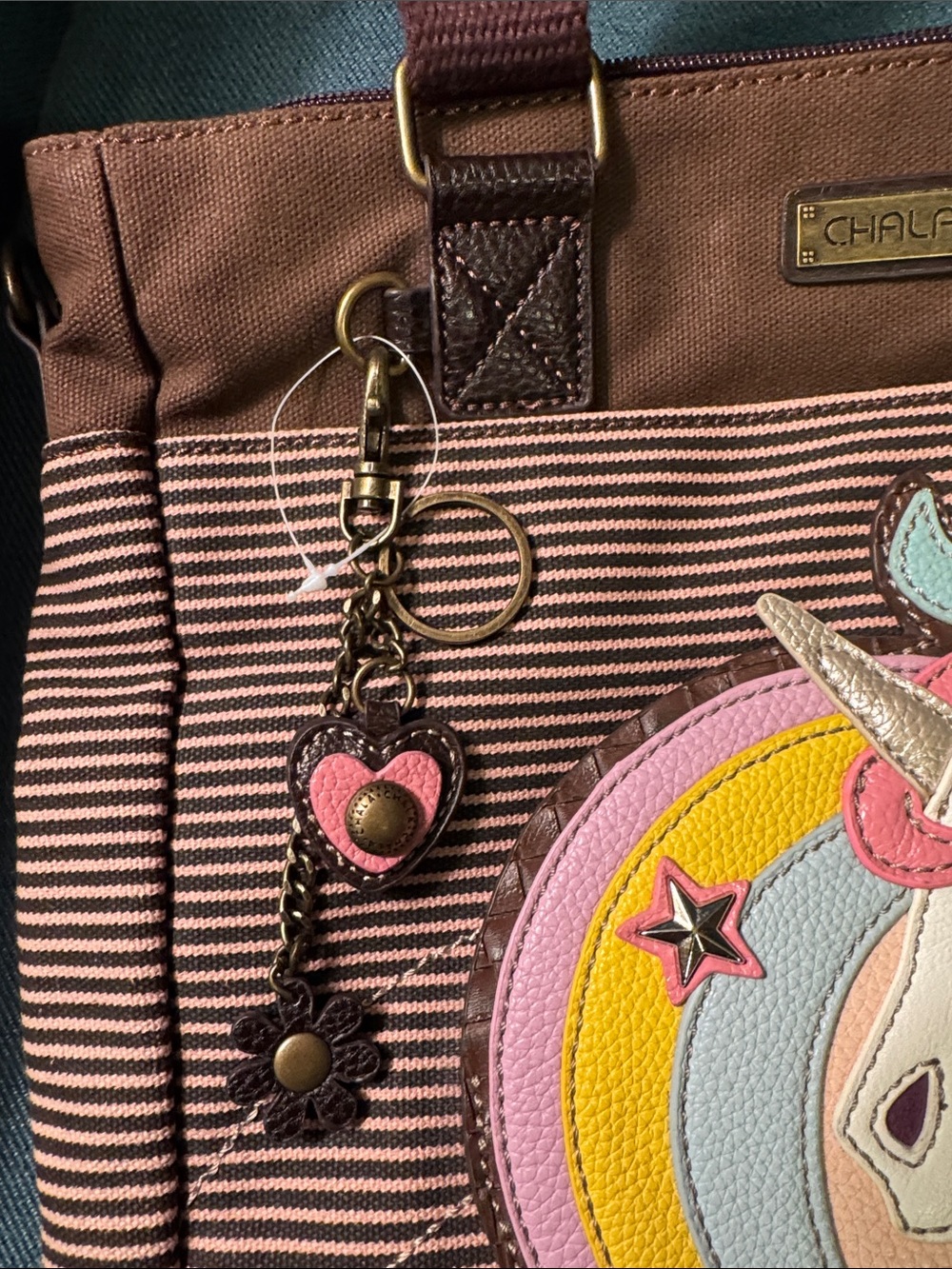 Chala Brown Striped Tote with Pastel Unicorn Applique - Picture 8 of 8